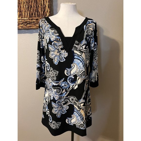 WHBM Dress Black Blue White L Large 3/4 Long Sleeve Stretch Sheath Washable - Picture 4 of 9